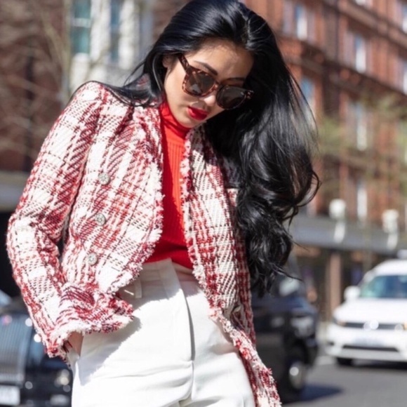 NWT Zara tweed plaid red white blazer fitted